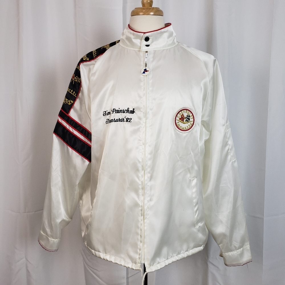 Vintage 80's Chevy Corvette White Satin Emrboidered Lightweight Jacket USA XL